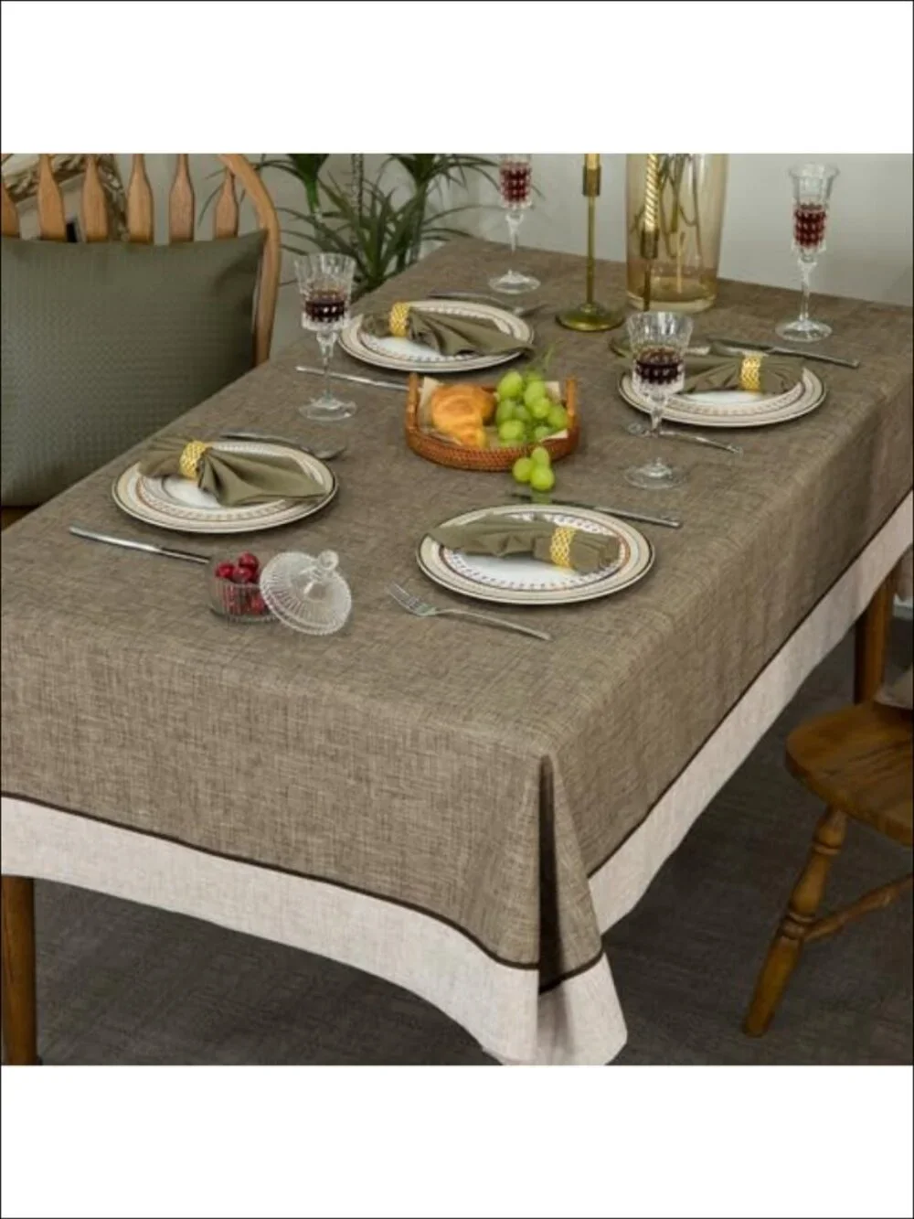 Linen Style Tablecloth 55x84 Mitered Border Rectangular Dining Decor